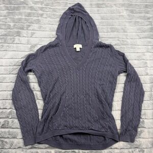 Ann Taylor LOFT Womens Navy Blue Cable Knit Linen Cotton Hooded Sweater Size M